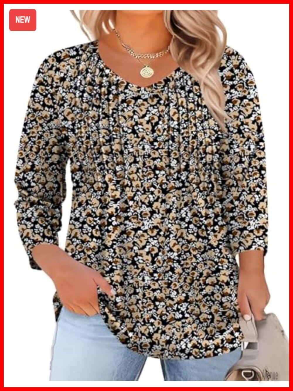 Plus Size 3/4 Sleeve Pleated Tunic Blouse V-Neck Dressy Casual Top XL-5XL